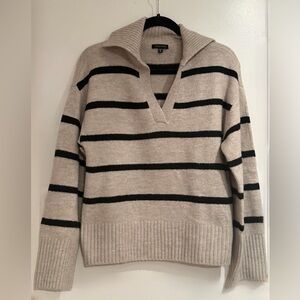 Dynamite Beige V-Neck Polo Sweater with Black Stripes